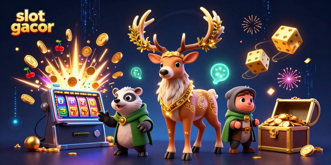 Mainkan slot gacor dengan meriah, dikelilingi mesin slot berlimpah koin di latar belakang magis.