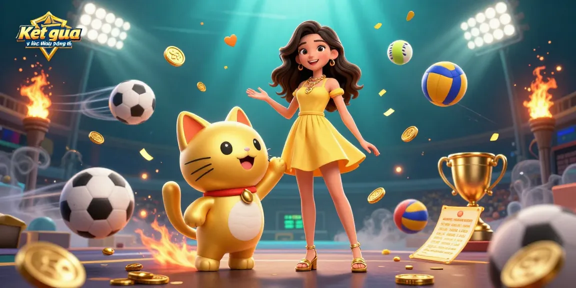 Kết quả và lịch thi đấu bóng đá illustrated with a cheerful woman and golden lucky cat surrounded by dynamic sports elements.