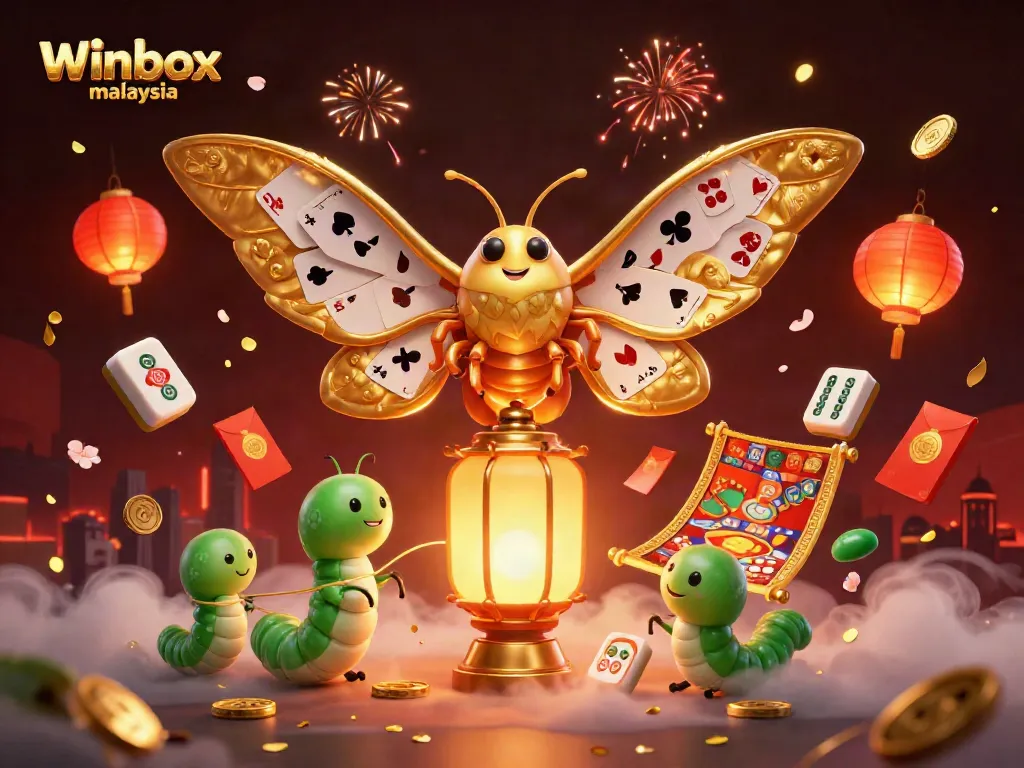 Winbox Malaysia celebrates casino gaming with a vibrant scene featuring an atlas moth and festive elements.