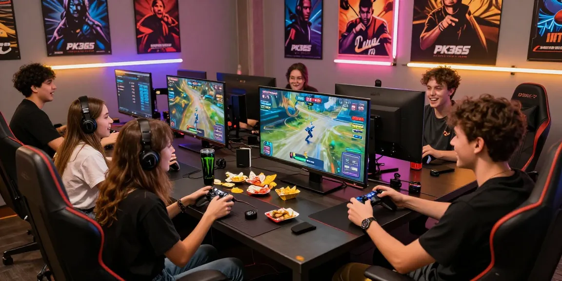 Friends playing pk365-game on a large screen in a lively gaming room setting.