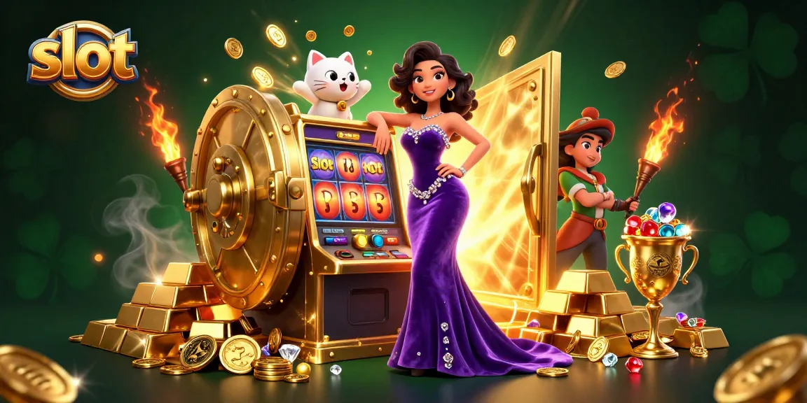 Experience thrilling slot excitement with a glamorous scene featuring jackpot wins and golden treasures.