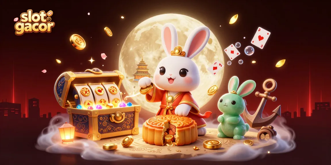 Engage with exciting slot gacor action illustrated by a cartoon moon rabbit revealing poker chips.