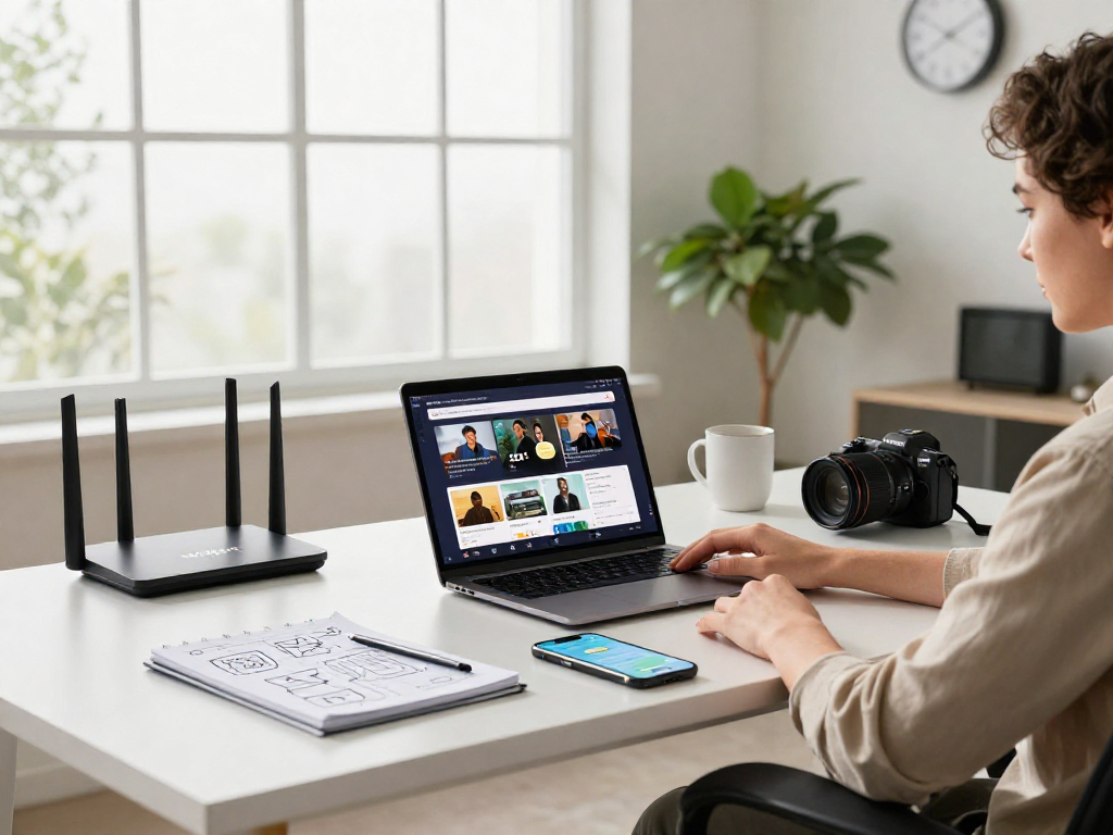 Workspace modern dengan router wifi4d, laptop dan catatan ide teknologi.
