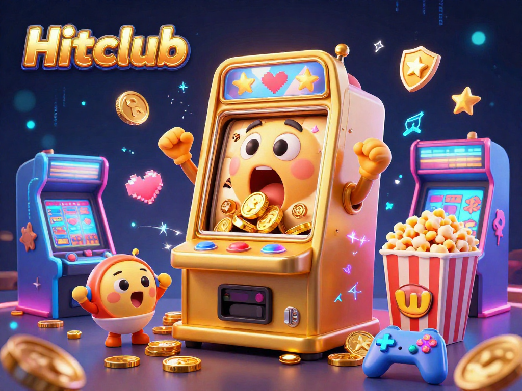 Hitclub slot machine celebration with coins overflowing, arcade elements, and vibrant gaming atmosphere.