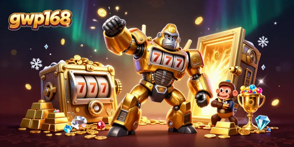 Bermain di gwp168 dengan slot dan jackpot, menampilkan karakter unik robot gorila dan harta karun berkilau.