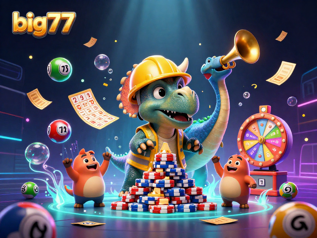 Experience the thrill of big777 in this vibrant casino scene with dynamic games and cheerful characters.