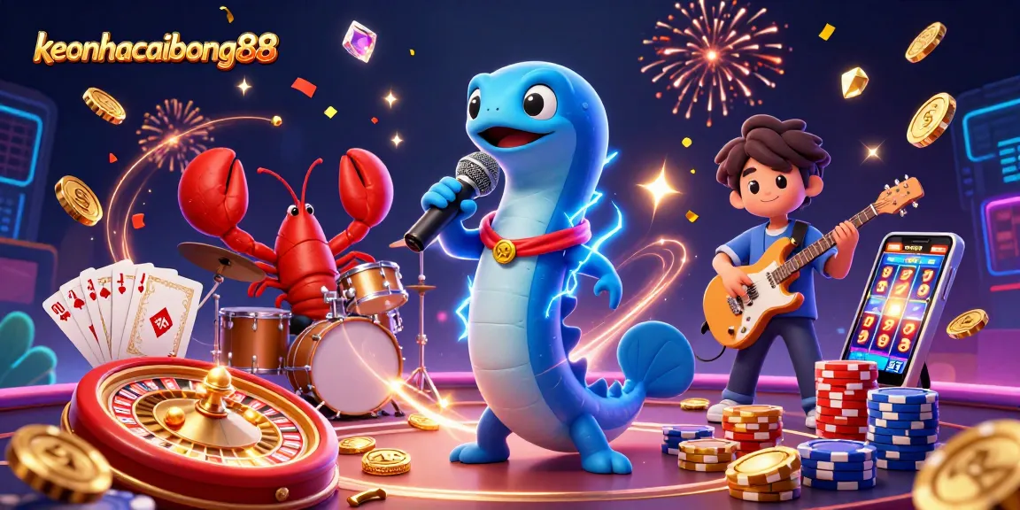 Experience the excitement of keonhacaibong88 with a vibrant underwater casino scene featuring a DJ eel and band.