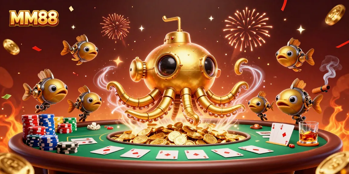 Engage with MM88’s vibrant online casino scene featuring a golden kraken submarine amidst golden coins.