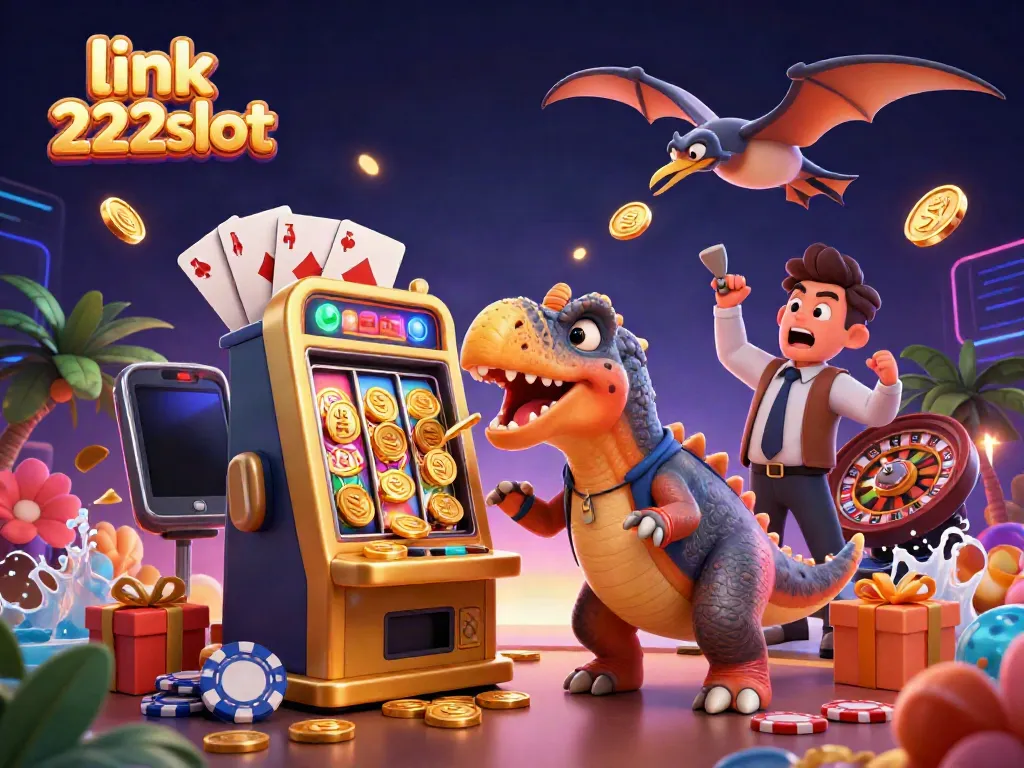 Permainan slot yang menarik dengan "link 222slot" menampilkan dinosaurus berwarna cerah dan koin emas yang berjatuhan.
