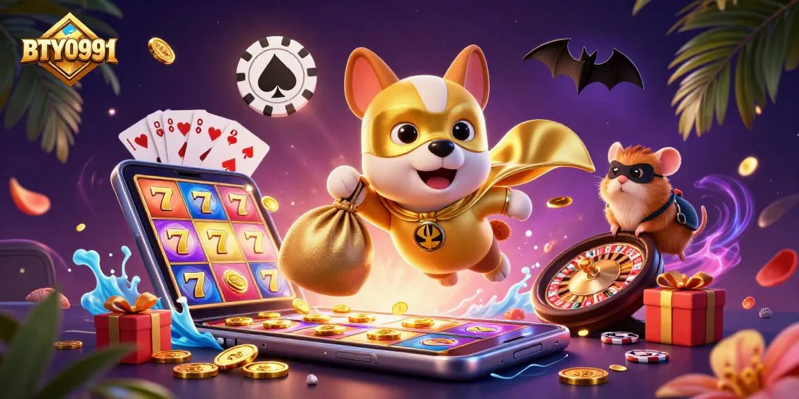 BTY0991 superhero dog soaring over vibrant slots and poker action in a festive casino atmosphere
