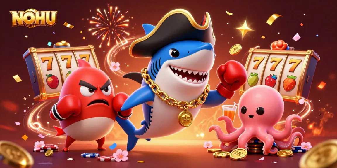 Engage with NOHU's vibrant casino scene featuring playful characters and exciting gambling elements.