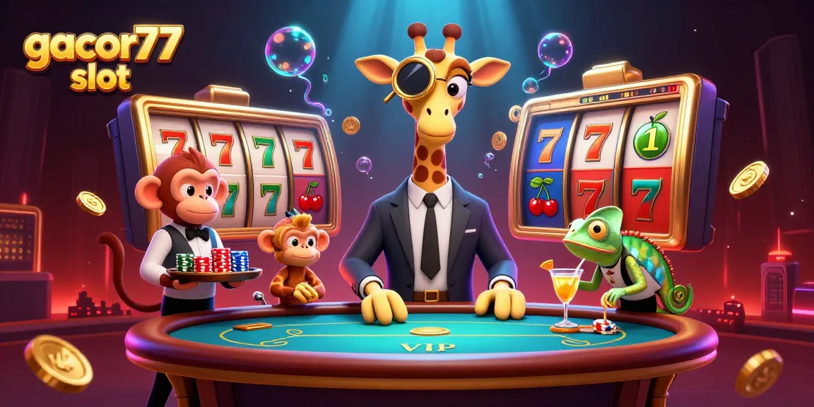 Permainan gacor77 slot dengan giraffe penggembira di meja VIP, penuh simbol keberuntungan.