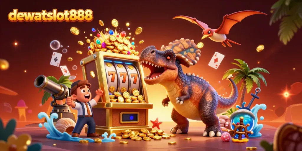 dewataslot888 melambangkan kesenangan kasino dengan dinosaurus yang beraksi di mesin slot emas.