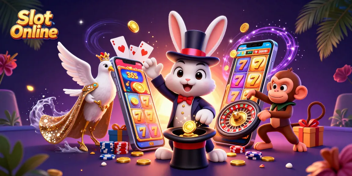 Spin to win with Slot Online in this vibrant, dynamic casino illustration featuring thrilling game elements.