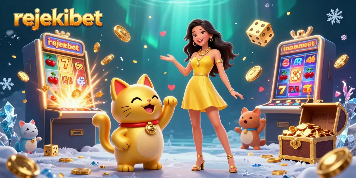 Engage with rejekibet as golden lucky cat and joyful player celebrate casino wins amid slot machines and confetti.