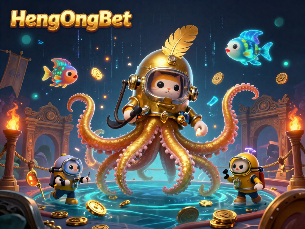 Experience exciting gameplay with HengOngBet in this vibrant casino scene featuring a kraken and diving cat.