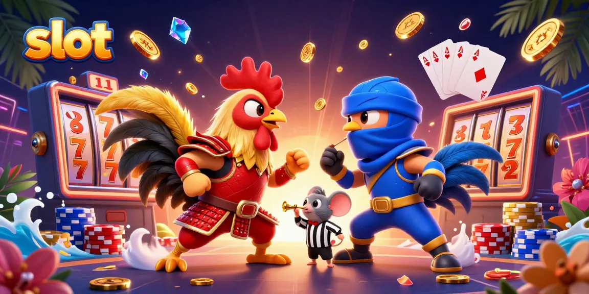 Menangkan slot dengan ilustrasi pertarungan ayam kartun yang dramatis di latar kasino.