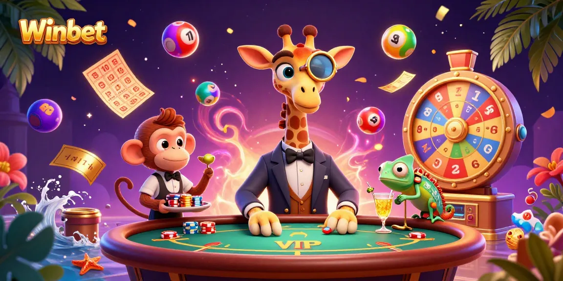 Winbet's vibrant casino scene with a giraffe and monkey, bets flying in festive display