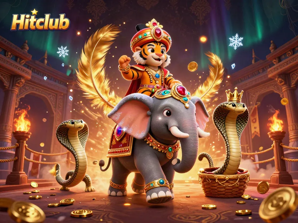 Hitclub features a vibrant 3D illustration of a maharaja tiger and elephant, surrounded by gold coins and casino elements.
