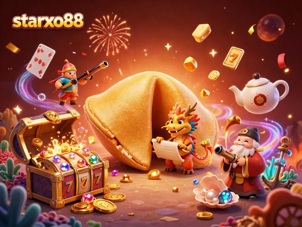 Experience the excitement of starxo88 with a dynamic casino-themed scene featuring golden treasures and playful characters.