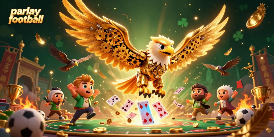 Bet on parlay football with an illustration of a cybernetic eagle navigating a dynamic betting arena.