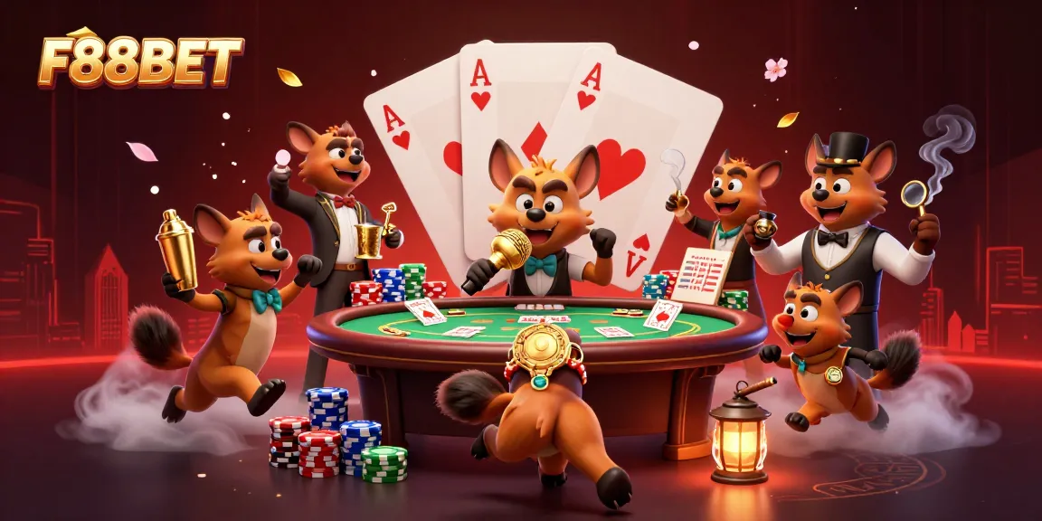 Experience lively gaming at F88BET with hyena characters entertaining at a vibrant comedy casino club.