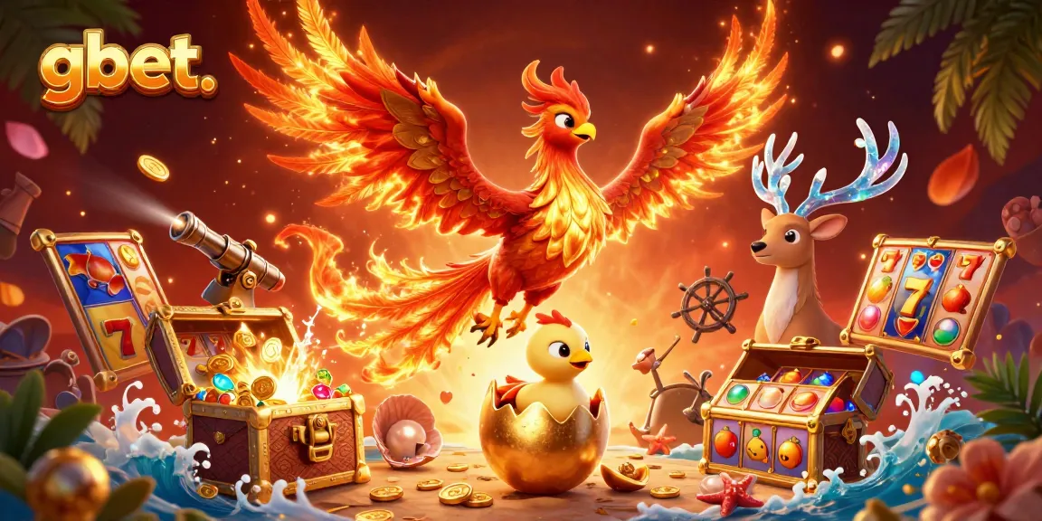 gbet's vibrant casino scene features a phoenix and baby chick exploring underwater treasures, showcasing thrilling games.