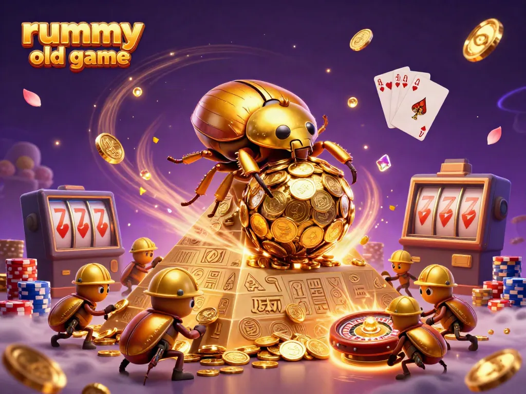 Permainan Rummy Old: ilustrasi 3D Kumbang emas membantu bermain rummy dengan koin emas.