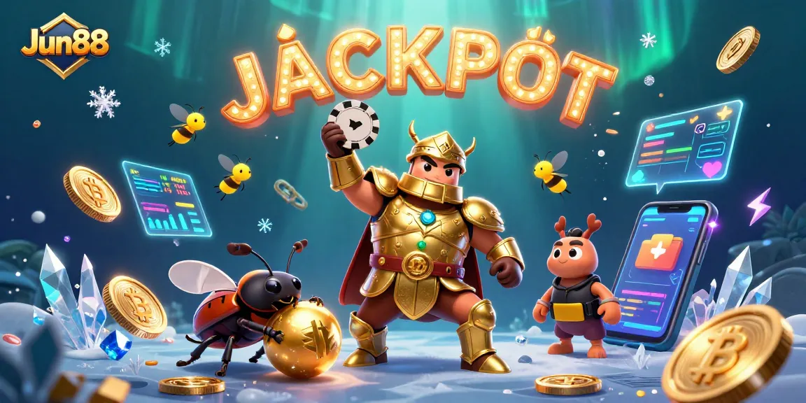 Celebrate big wins with Jun88 as playful characters surround neon cryptocurrency symbols and vibrant casino elements.