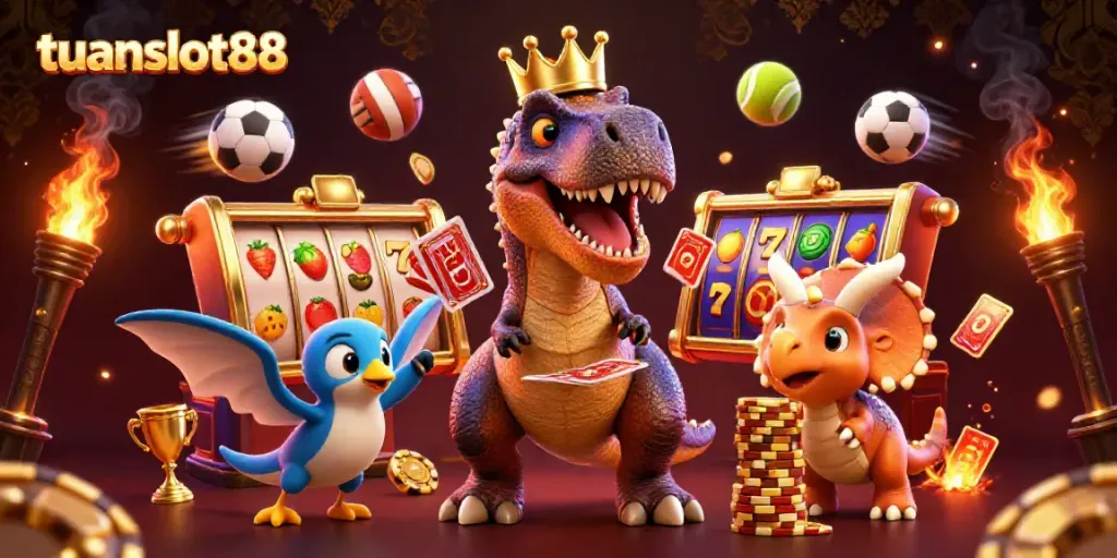 Permainan slot tuanslot88 dengan T-Rex yang mengocok kartu dan triceratops menumpuk chip yang bersinar.