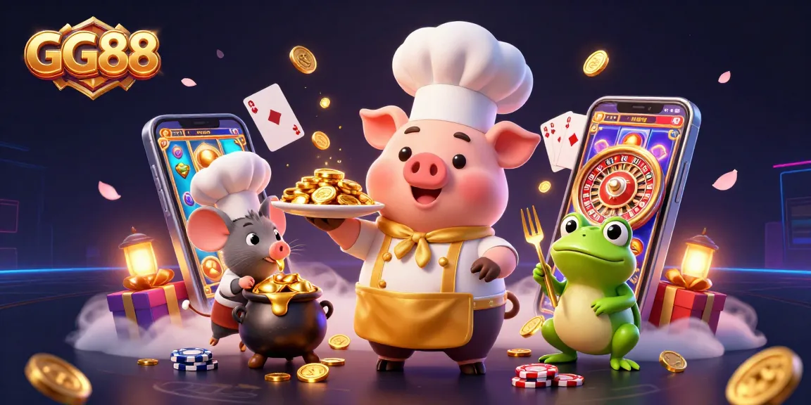 Play exciting slot games at GG88 with a lively 3D casino scene featuring unique characters.