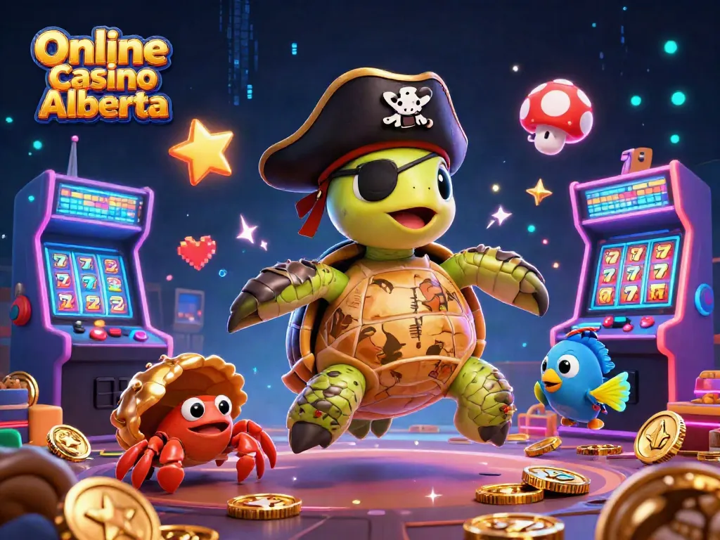 Engage with Online Casino Alberta through a vibrant 3D illustration featuring cartoon characters and casino elements.