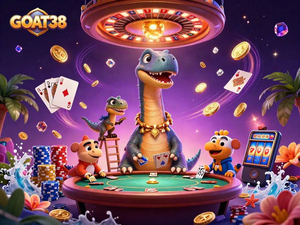 Experience excitement at GOAT38 with a 3D illustration of a brontosaurus and a clever raptor playing cards.