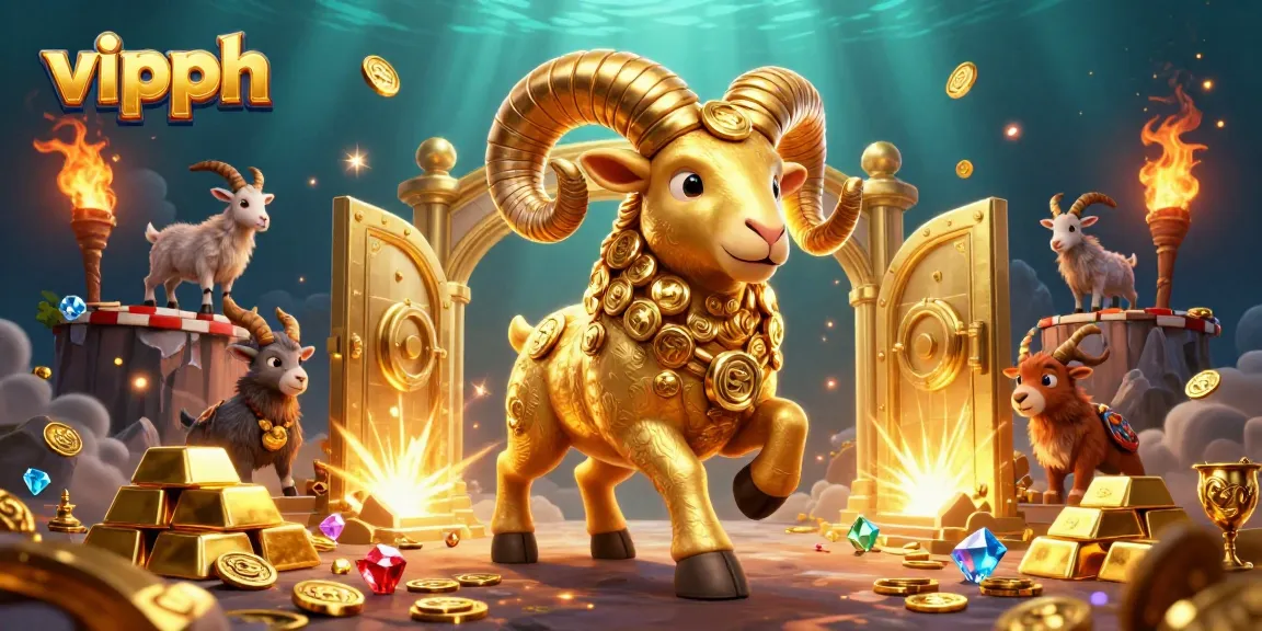 Engage with vipph’s energetic gaming scene featuring a golden ram charging at a treasure vault.