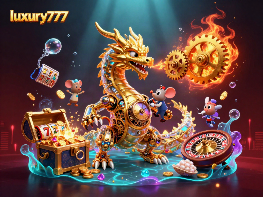 Menang besar dengan luxury777 sambil menemani naga emas mekanik dan peti harta karun di permainan kasino.