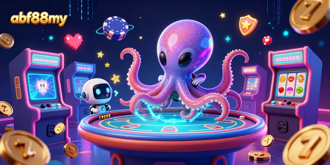 Experience unique gaming with afb88my, featuring an alien octopus at a holographic poker table surrounded by vibrant elements.