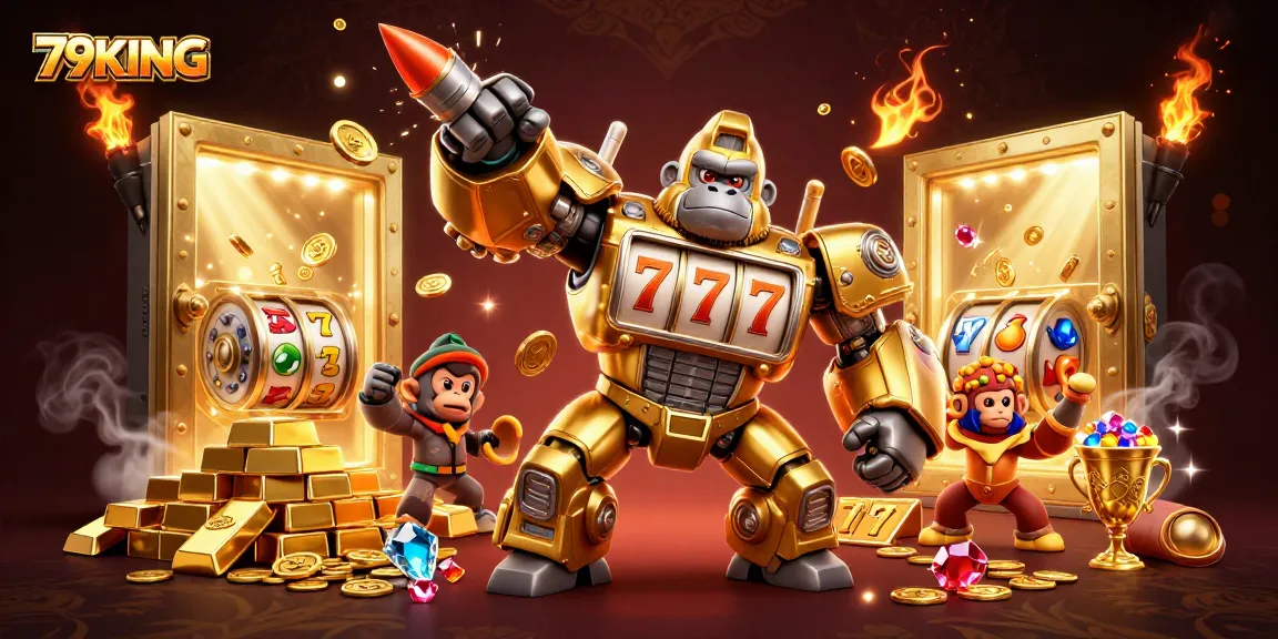 Experience thrilling gameplay with 79KING's dynamic golden gorilla mech and wealth symbols.