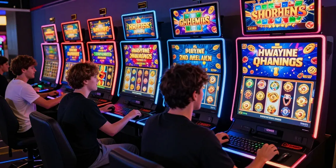 Suasana permainan slot jackpot online dengan pemain bersemangat dan layar berwarna-warni.