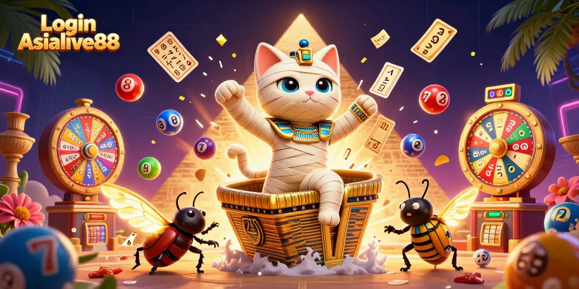 Engage with Login Asialive88 in this vibrant 3D scene showcasing a cartoon mummy cat and festive casino elements.