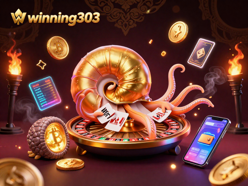 Experience exciting gameplay with winning303 featuring a golden roulette nautilus and vibrant crypto elements.