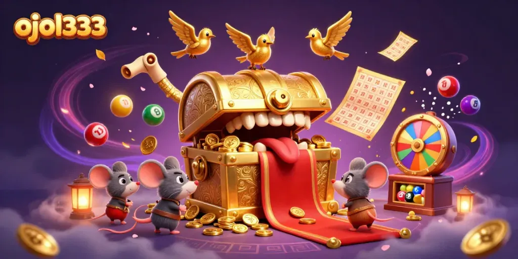 Engaging gamblers with ojol333-themed vibrant lottery and casino elements in a fantasy illustration.