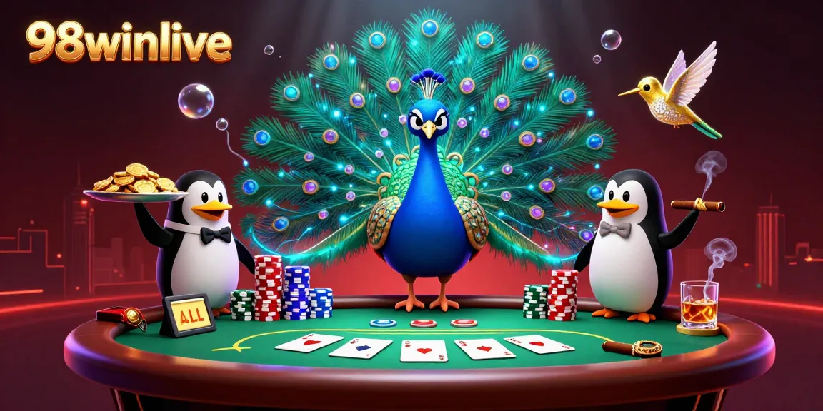 Engage in thrilling casino action with 98winlive, showcasing a vibrant scene of colorful poker tables and characters.
