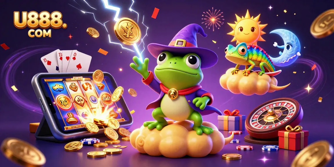 Engage with U888. COM's vibrant gaming scene featuring a wizard frog and rainbow chameleon amidst golden coins.