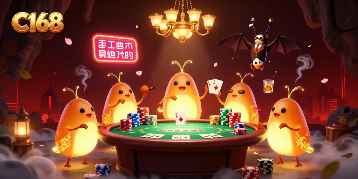 C168 players enjoying an energetic poker match in a glowworm-lit cave casino scene with vibrant elements.