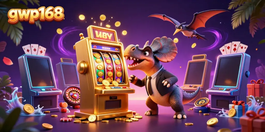 Permainan jackpot gwp168 dengan karakter dinosaurus di kasino digital.
