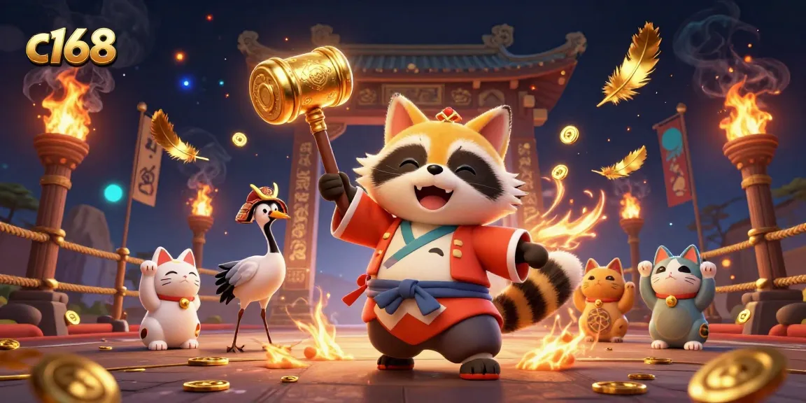 Experience thrilling gameplay at c168 with a vibrant tanuki and lucky symbols in a dynamic casino scene.