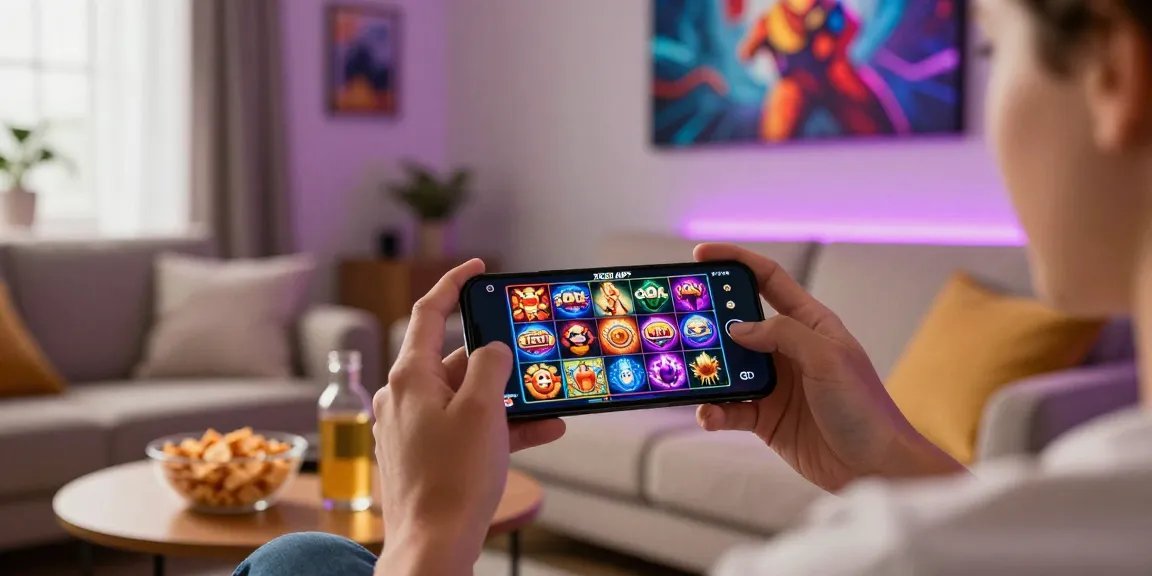 Engaging with XE88 APK on smartphone in cozy living room for online slots.