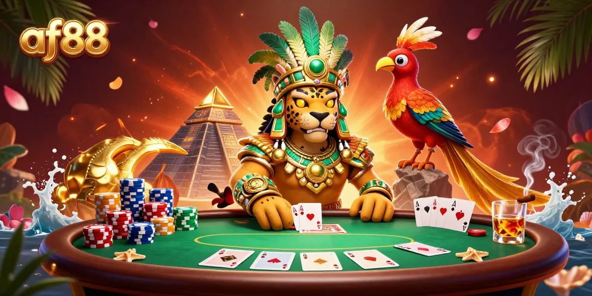 Engage with af88's vibrant online casino scene featuring dynamic poker elements and tropical designs.