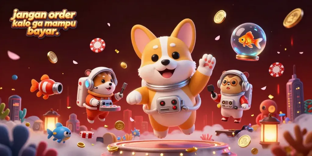 Engaging scene of a cartoon astronaut corgi playing in a space casino illustrating jangan order kalo ga mampu bayar..