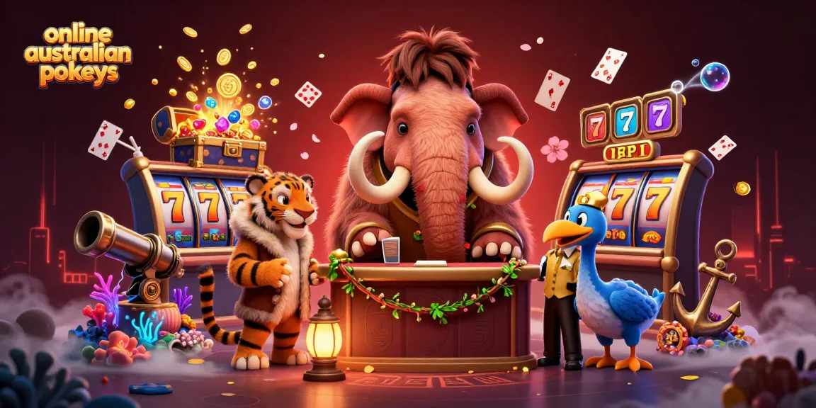 Engage with the best online Australian pokies in a vibrant 3D casino scene featuring cartoon animals and exciting games.
